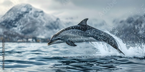 Fish leaping from sea with mountains in background. Concept Nature, Wildlife, Ocean, Landscapes, Action Shots © Anastasiia