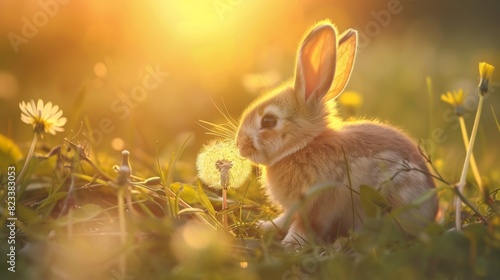 Cute rabbit in a field of dandelions at sunset for spring or easter designs