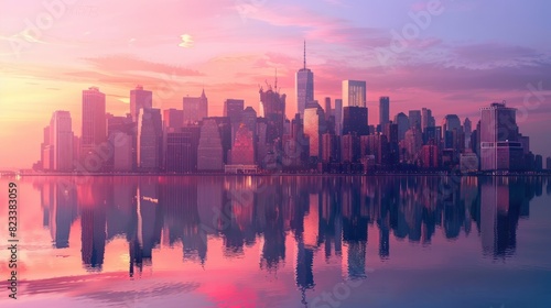 A modern city skyline during sunrise. --ar 16 9 Job ID  c0b1c1dc-b5dd-4aba-95a9-50ff76a8c4a2