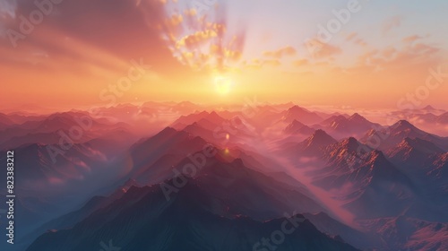A panoramic view of a mountain range at sunrise. --ar 16:9 Job ID: 2b7ff076-7a07-4502-a27f-f5455c0eebe1