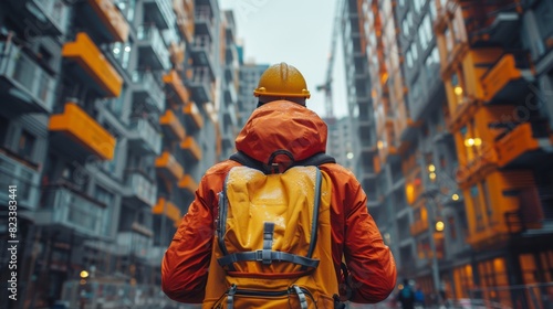 A worker in orange protective gear with a backpack stands facing modern buildings on a foggy day
