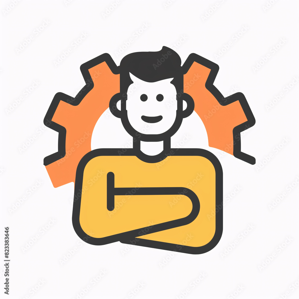 Illustration of a happy person in front of cogwheels, symbolizing teamwork, productivity, and a positive work environment. Illustration of a happy person in front of cogwheels, symbolizing teamwork, productivity, and a positive work environment.