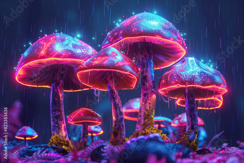 Magical psilocybin mushrooms glowing neon on night forest background.