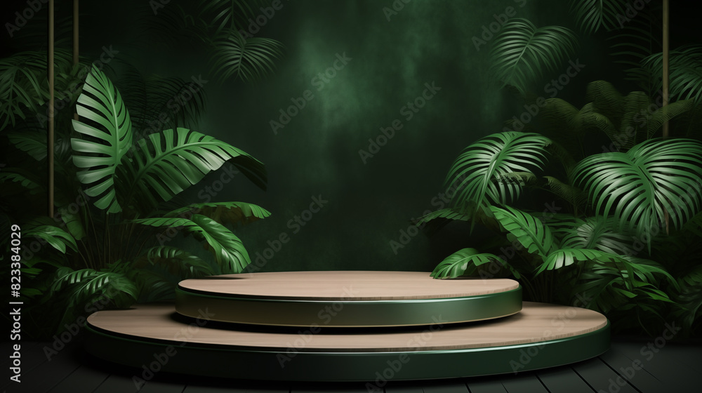Wooden round empty podium with palm leaves on green wall background. Product display presentation, advertising, mockup, showcasing. Wooden round empty podium with palm leaves on green wall background. Product display presentation, advertising, mockup, showcasing.