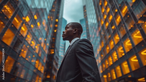 An anonymized businessman stands in a cityscape, buildings glowing with interior lights