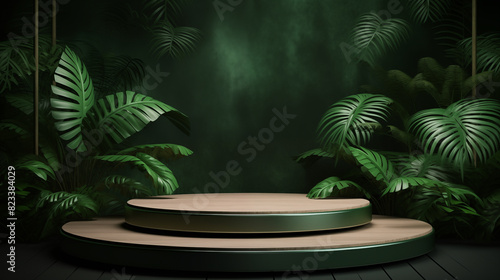 Wooden round empty podium with palm leaves on green wall background. Product display presentation  advertising  mockup  showcasing.