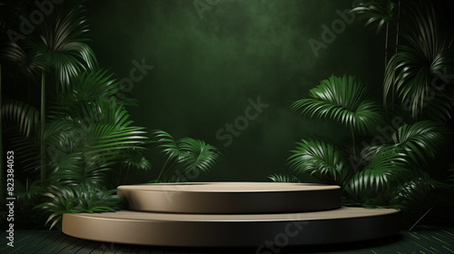 Wooden round empty podium with palm leaves on green wall background. Product display presentation  advertising  mockup  showcasing.