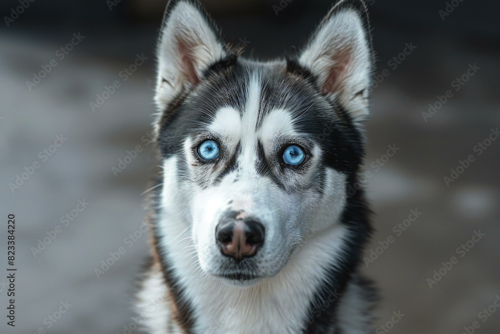 Digital image of  husky dog with blue eyes stares at the camera
