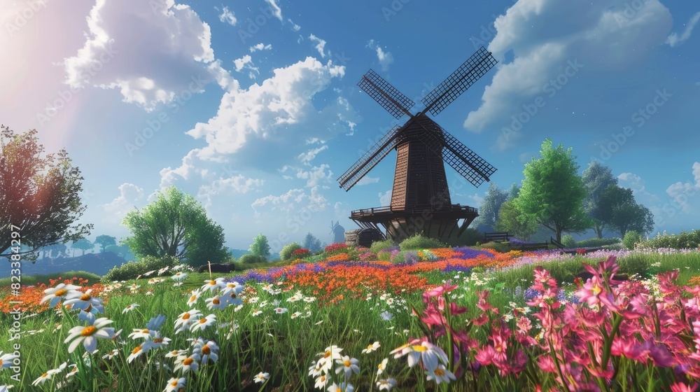 A traditional windmill in a flower field. --ar 16:9 Job ID: 5db13343-8a91-4c27-b6c0-d3d135846315