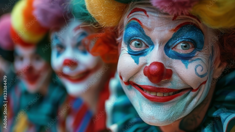 Depict a group of clowns performing a humorous skit, with exaggerated expressions and playful antics, in front of an amused audience, Close up Depict a group of clowns performing a humorous skit, with exaggerated expressions and playful antics, in front of an amused audience, Close up