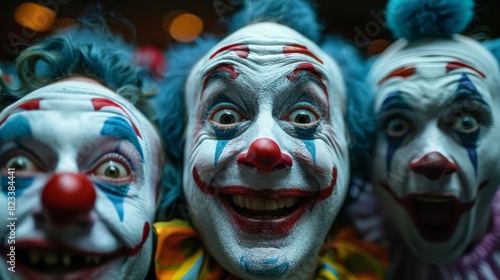 Depict a group of clowns performing a humorous skit, with exaggerated expressions and playful antics, in front of an amused audience, Close up