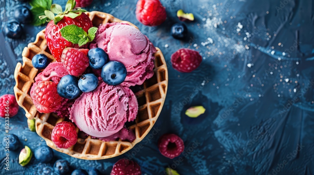 Raspberry ice cream with fresh raspberries and mint leaves pink ice cream with strawberries on a gray background,Colorful isolated in pink background Raspberry ice cream with fresh raspberries and mint leaves pink ice cream with strawberries on a gray background,Colorful isolated in pink background