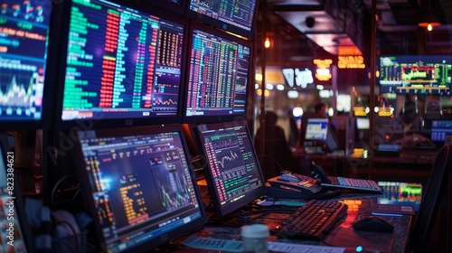 Depict a highstakes underground sports betting operation, with monitors displaying various games and odds, Close up photo