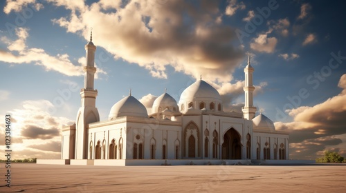 White mosque in the desert with blue sky behind photo