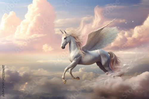 Graceful winged unicorn soars amidst sunset clouds  symbolizing fantasy and dreams