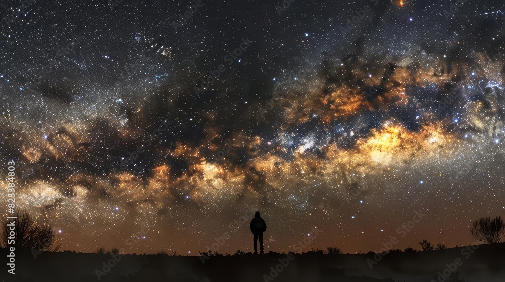 Depict a majestic view of the Milky Way galaxy stretching across the sky, with a silhouette of a lone observer, Close up