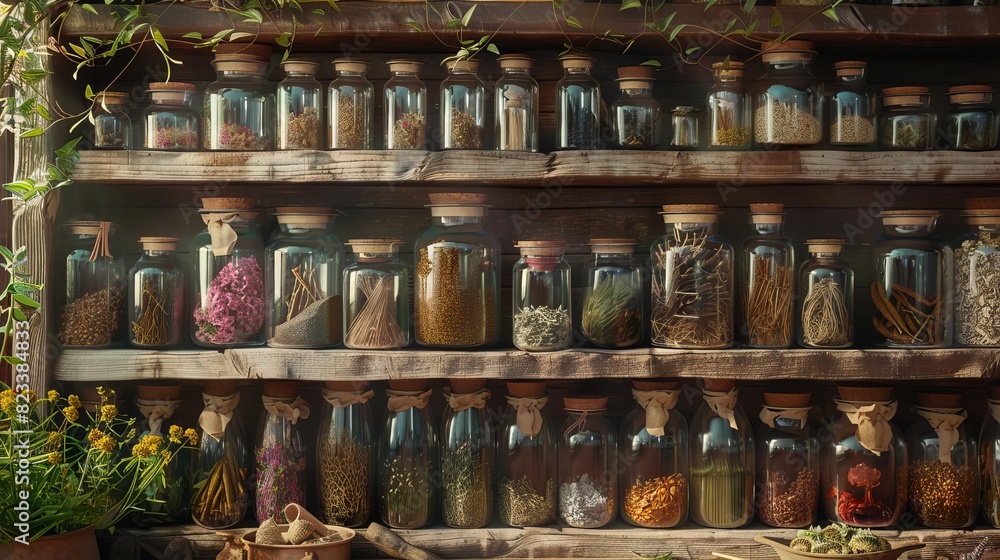 Depict a medieval alchemists workshop, with shelves lined with jars of rare herbs, minerals, and mystical artifacts, Close up