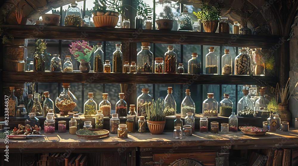 Depict a medieval alchemists workshop, with shelves lined with jars of rare herbs, minerals, and mystical artifacts, Close up