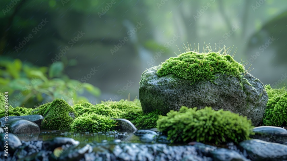 Top of the line CG, surreal photography.Wet moss on stones in a misty woodland after a rain. beautiful, romantic, and beautiful lighting. Blue sky, ultra-high definition, front view, Nikon Top of the line CG, surreal photography.Wet moss on stones in a misty woodland after a rain. beautiful, romantic, and beautiful lighting. Blue sky, ultra-high definition, front view, Nikon