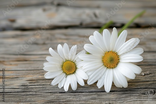 Digital artwork of two daisies sitting on a wooden table  high quality  high resolution