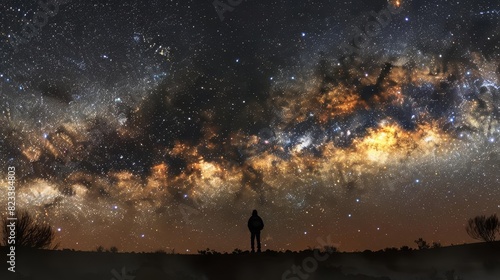 Depict a majestic view of the Milky Way galaxy stretching across the sky  with a silhouette of a lone observer  Close up