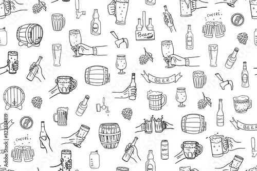 Seamless pattern of beer, glasses of beer, bottle of beer in hand, glass in hand in doodle style. Mug with beer, barrel. Cheers. Great for bar menu design, packaging, pub. Hand drawn.