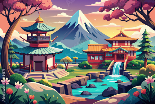 Landscape of Japanese natural views with Japanese traditional houses and fountain vector illustration 