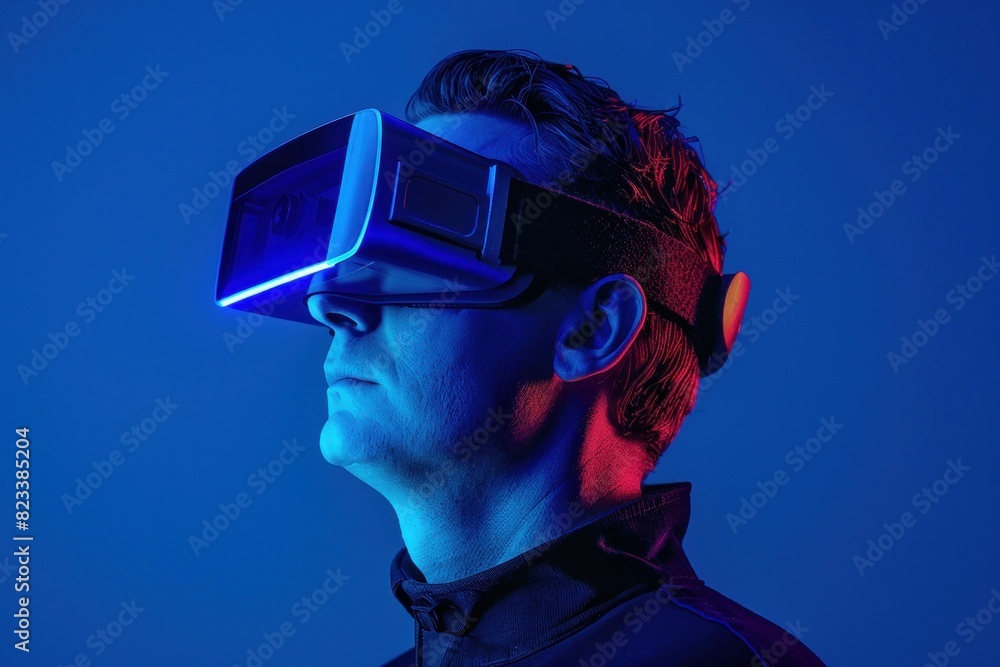 Virtual reality experience man with vr headset in blue background with illuminated blue light behind him Virtual reality experience man with vr headset in blue background with illuminated blue light behind him