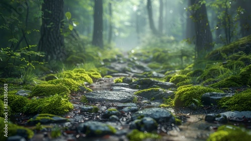 Top of the line CG, surreal photography.Rain-soaked moss on stones in a shaded forest path. beautiful, romantic, and beautiful lighting. Blue sky, ultra-high definition, front view, Nikon photo