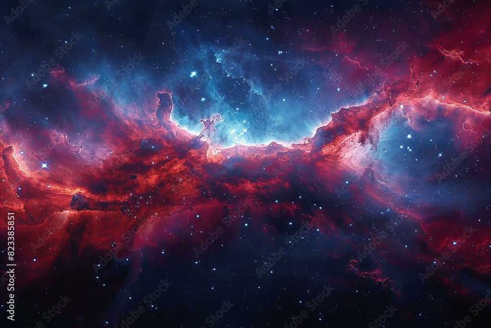 Depicting a  space wallpaper with red smoke and blue space, high quality, high resolution