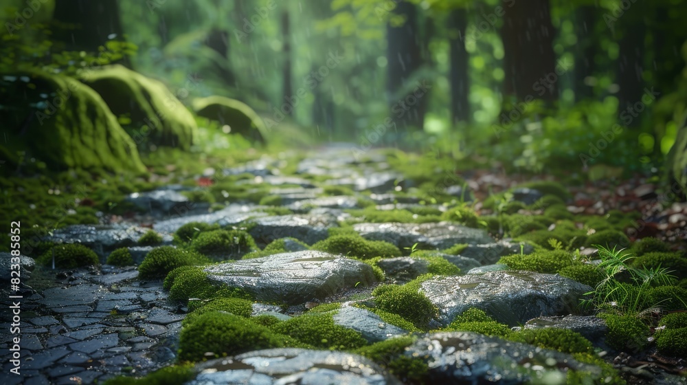 Top of the line CG, surreal photography.Rain-soaked moss on stones in a shaded forest path. beautiful, romantic, and beautiful lighting. Blue sky, ultra-high definition, front view, Nikon Top of the line CG, surreal photography.Rain-soaked moss on stones in a shaded forest path. beautiful, romantic, and beautiful lighting. Blue sky, ultra-high definition, front view, Nikon