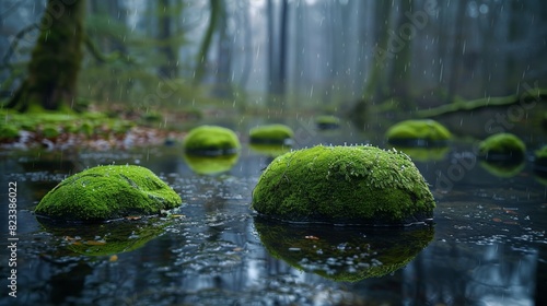 Top of the line CG  surreal photography.Fresh rain on moss-covered stones in a tranquil woodland. beautiful  romantic  and beautiful lighting. Blue sky  ultra-high definition  front view  Nikon