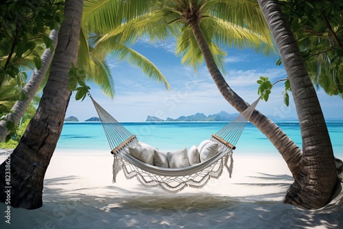a hammock between palm trees on a beach © Adrian