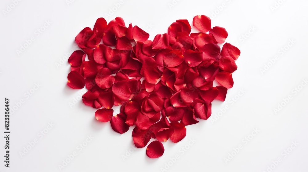 Red rose petals in the shape of a heart on white background Red rose petals in the shape of a heart on white background