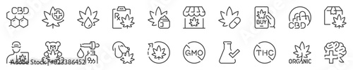 Line icons about cannabidiol. Contains such icons as CBD molecular symbol, treatments, medical benefits and more. Editable vector stroke. 512x512 Pixel Perfect in transparent background.
