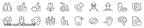 Line icons about elderly. Contains such icons as nursing home, insurances, medical assistance and more. Editable vector stroke. 512x512 Pixel Perfect in transparent background. © Artco