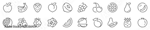 Line icons about fruits. Contains such icons as apple, strawberry, watermelon and more. Editable vector stroke. 512x512 Pixel Perfect in transparent background.