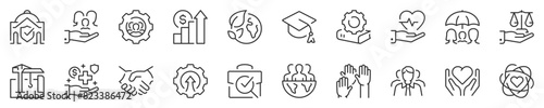 Line icons about social policies. Contains such icons as social services, legislative development, administration and more. Editable vector stroke. 512x512 Pixel Perfect in transparent background