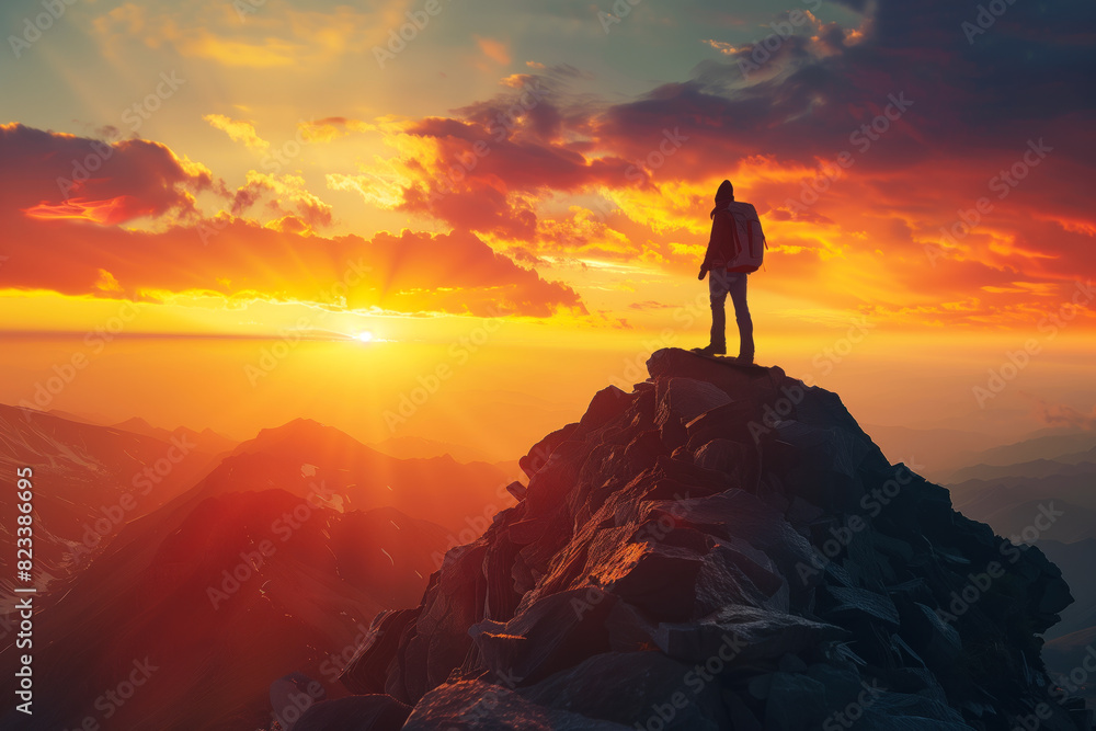 Hiker Standing on Mountain Peak at Sunrise. Hiker Standing on Mountain Peak at Sunrise.