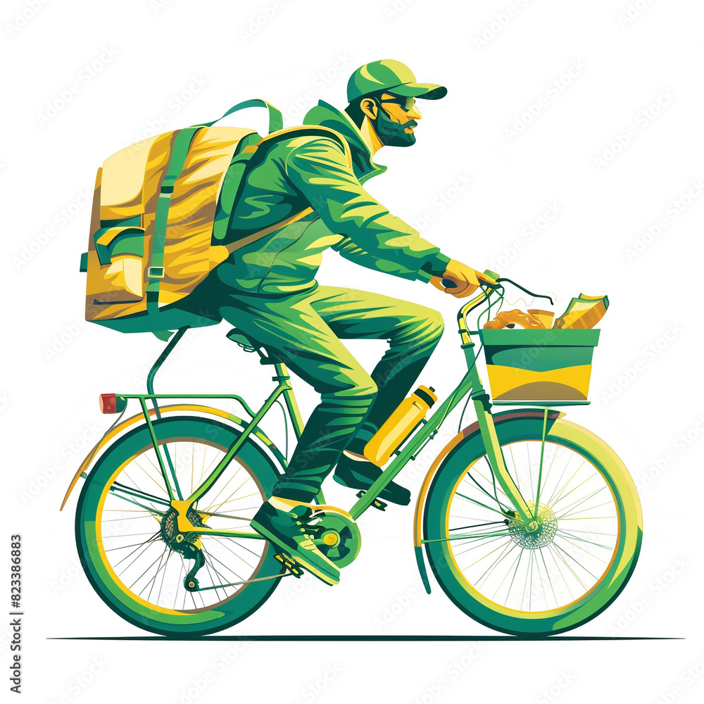 Obraz premium happy food delivery man in green and yellow on his bike