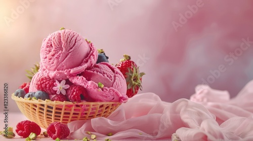 Raspberry ice cream with fresh raspberries and mint leaves.pink ice cream with strawberries on a pink background,Colorful isolated in pink background