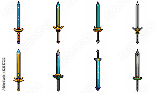 Pixel art weapon sword craft set. Retro rpg style swords isolated. Computer video game swords clip art. Pixelated longsword, dagger.  Swords isolated. Mine vector on white background.