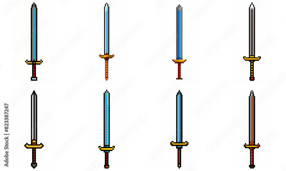 Pixel art weapon sword craft set. Retro rpg style swords isolated. Computer video game swords clip art. Pixelated longsword, dagger. Swords isolated. Mine vector on white background. Pixel art weapon sword craft set. Retro rpg style swords isolated. Computer video game swords clip art. Pixelated longsword, dagger. Swords isolated. Mine vector on white background.
