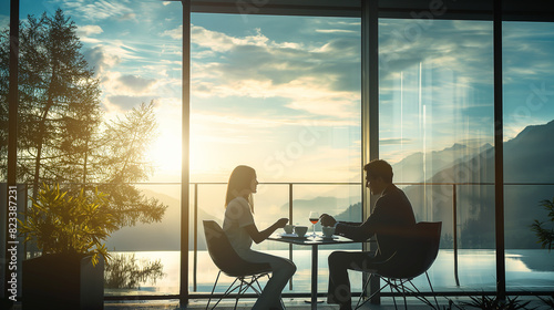 A couple enjoying a peaceful morning coffee together on a balcony with a view. Dynamic and dramatic composition  with cope space