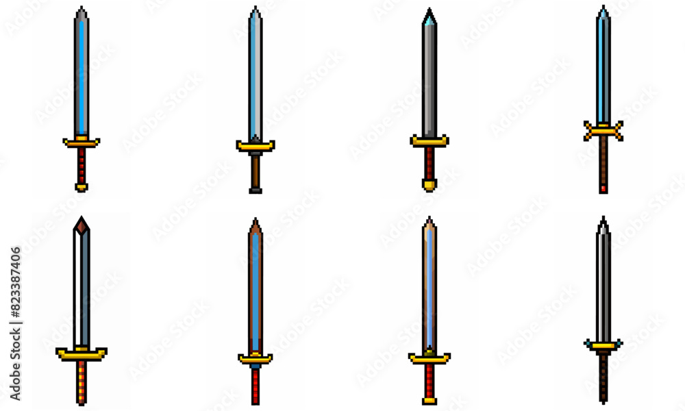 Pixel art weapon sword craft set. Retro rpg style swords isolated. Computer video game swords clip art. Pixelated longsword, dagger.  Swords isolated. Mine vector on white background.