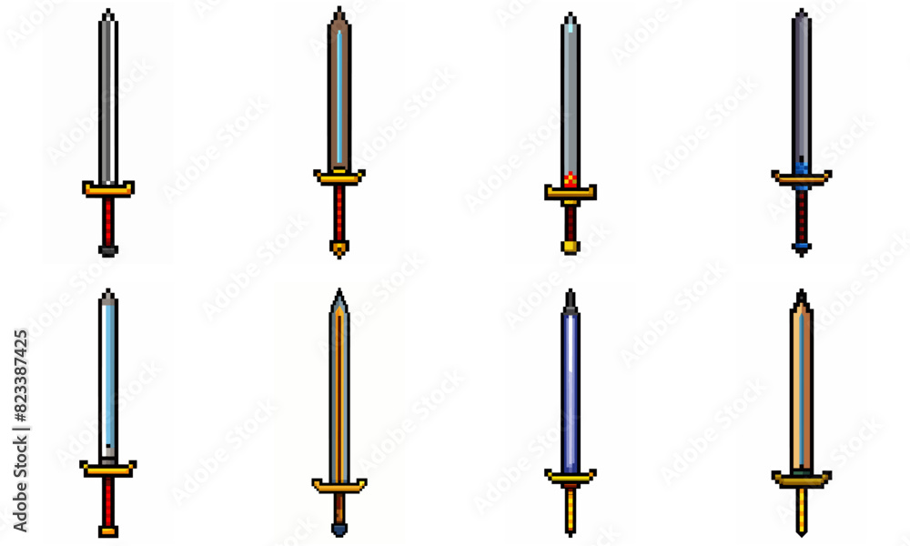 Pixel art weapon sword craft set. Retro rpg style swords isolated. Computer video game swords clip art. Pixelated longsword, dagger. Swords isolated. Mine vector on white background. Pixel art weapon sword craft set. Retro rpg style swords isolated. Computer video game swords clip art. Pixelated longsword, dagger. Swords isolated. Mine vector on white background.