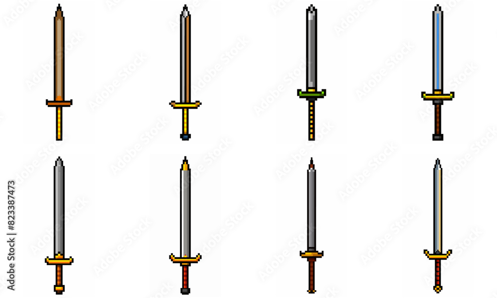Pixel art weapon sword craft set. Retro rpg style swords isolated. Computer video game swords clip art. Pixelated longsword, dagger. Swords isolated. Mine vector on white background. Pixel art weapon sword craft set. Retro rpg style swords isolated. Computer video game swords clip art. Pixelated longsword, dagger. Swords isolated. Mine vector on white background.