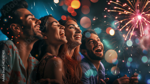 A group of friends watching fireworks, faces illuminated with awe and joy. Dynamic and dramatic composition, with cope space