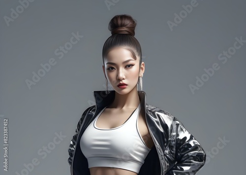 Stunning dancer with fitness body wearing hiphop clothes, high quality portrait, isolated on a background