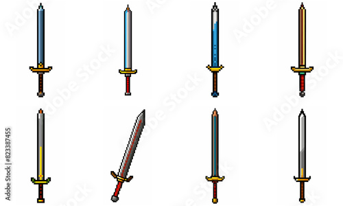 Pixel art weapon sword craft set. Retro rpg style swords isolated. Computer video game swords clip art. Pixelated longsword, dagger.  Swords isolated. Mine vector on white background.